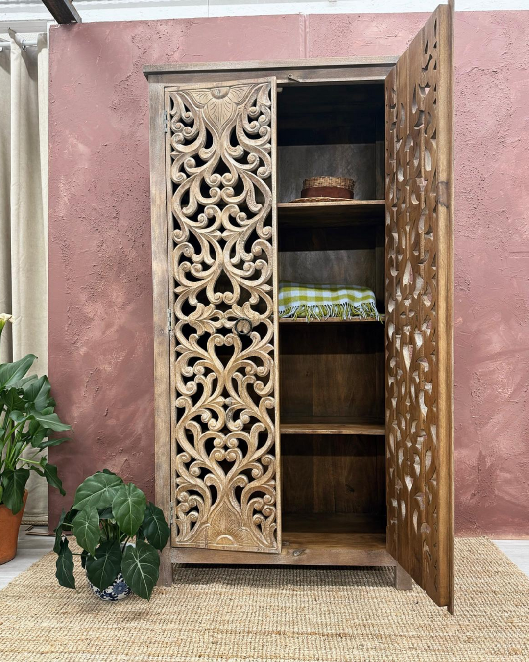 Hand Carved Mango Wood Armoire/Cabinet with Intricate Indian Design
