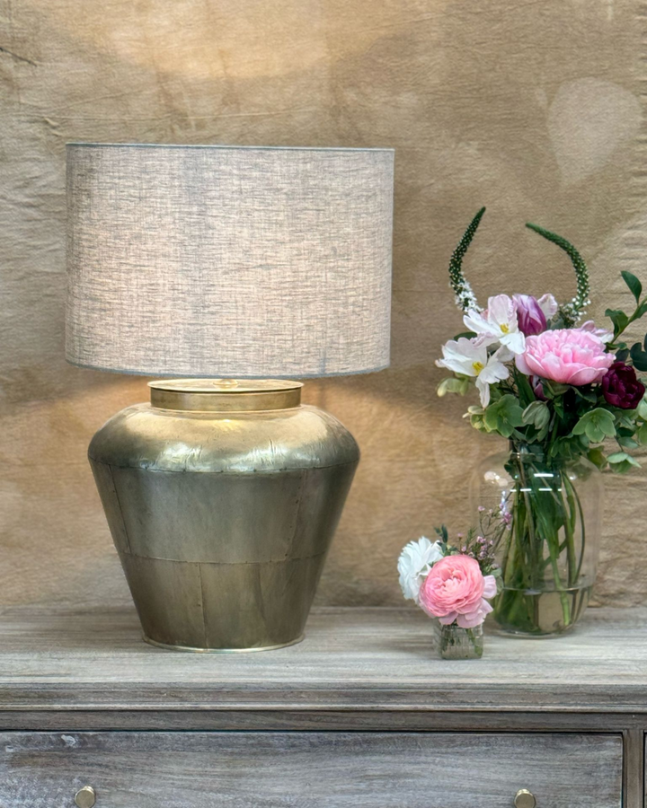 Brass Table Lamp with Linen Shade – Wide Curved Base Design