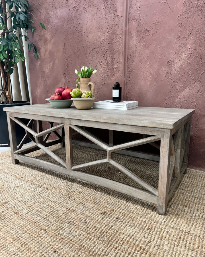 Contemporary Handcrafted Mango Wood Coffee Table – Whitewashed Finish