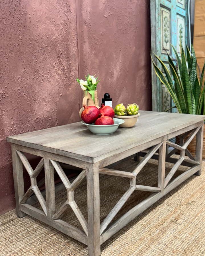 Contemporary Handcrafted Mango Wood Coffee Table – Whitewashed Finish