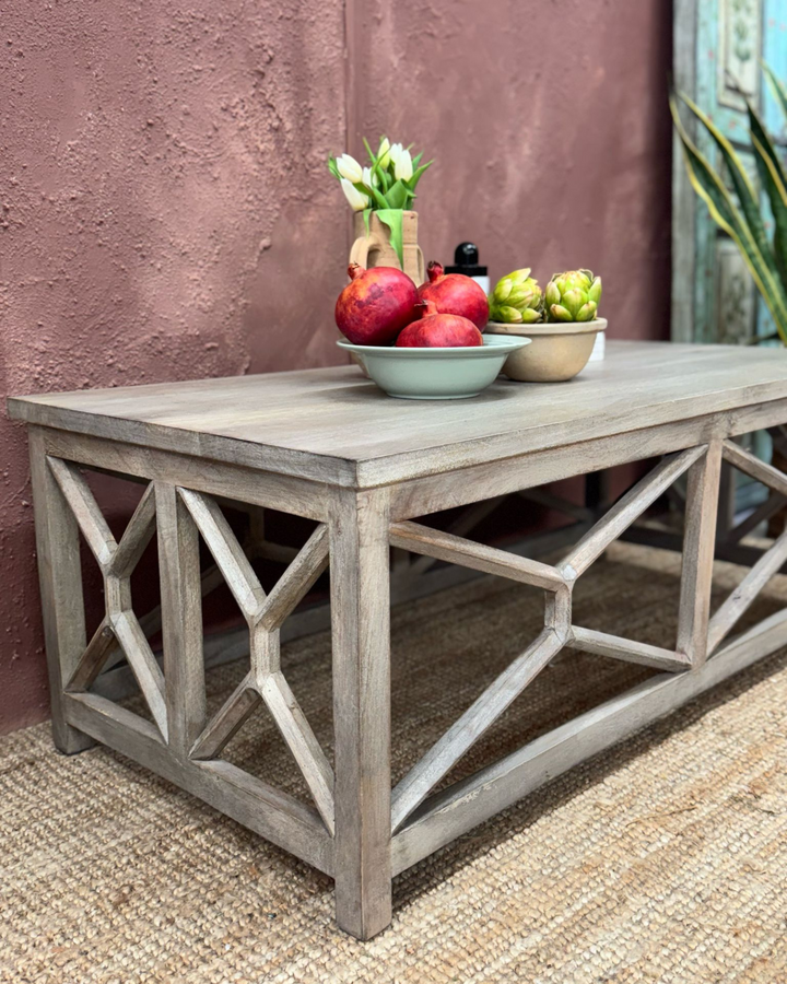 Contemporary Handcrafted Mango Wood Coffee Table – Whitewashed Finish