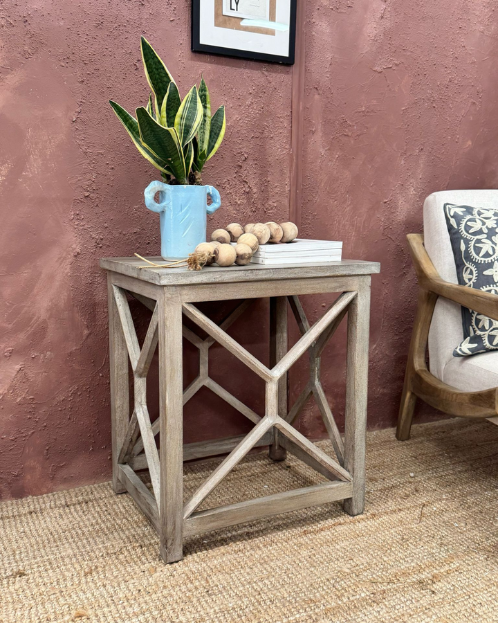 Contemporary Handcrafted Mango Wood End/Side Table – Whitewashed Finish