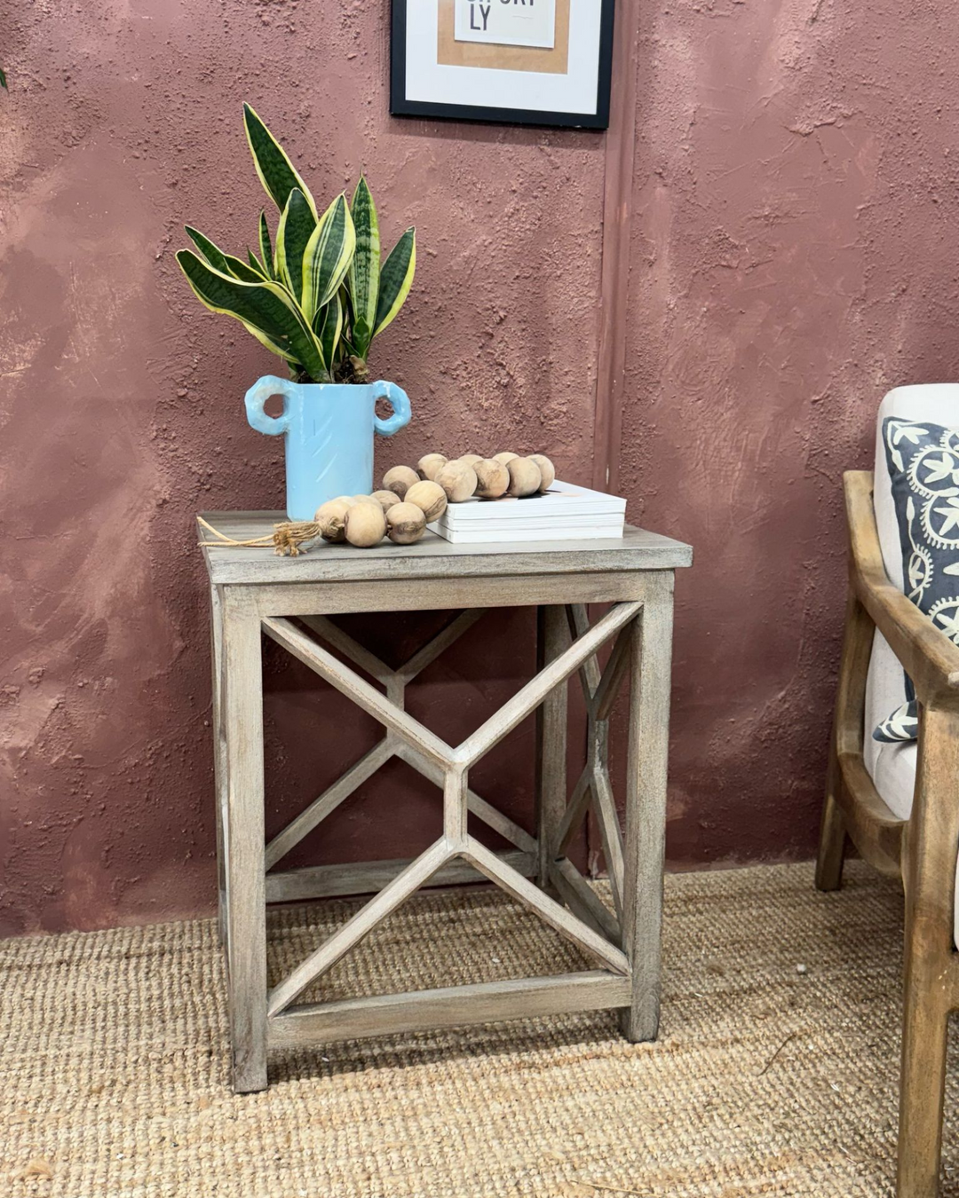 Contemporary Handcrafted Mango Wood End/Side Table – Whitewashed Finish