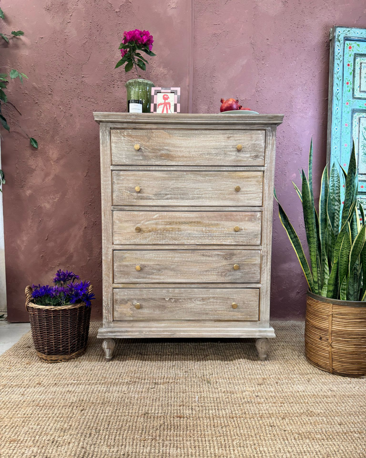 Mango Wood 5-Drawer Chest / Tallboy – Natural with Whitewashed Finish