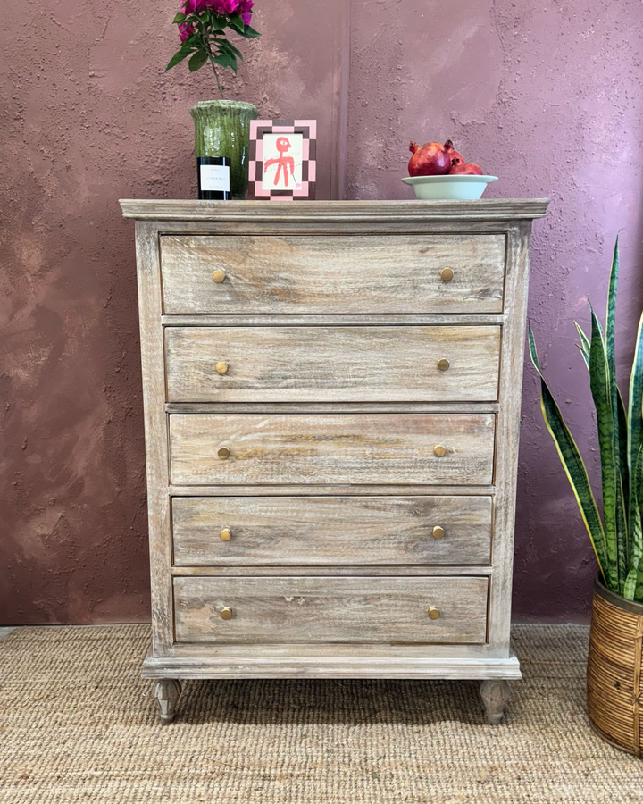 Mango Wood 5-Drawer Chest / Tallboy – Natural with Whitewashed Finish