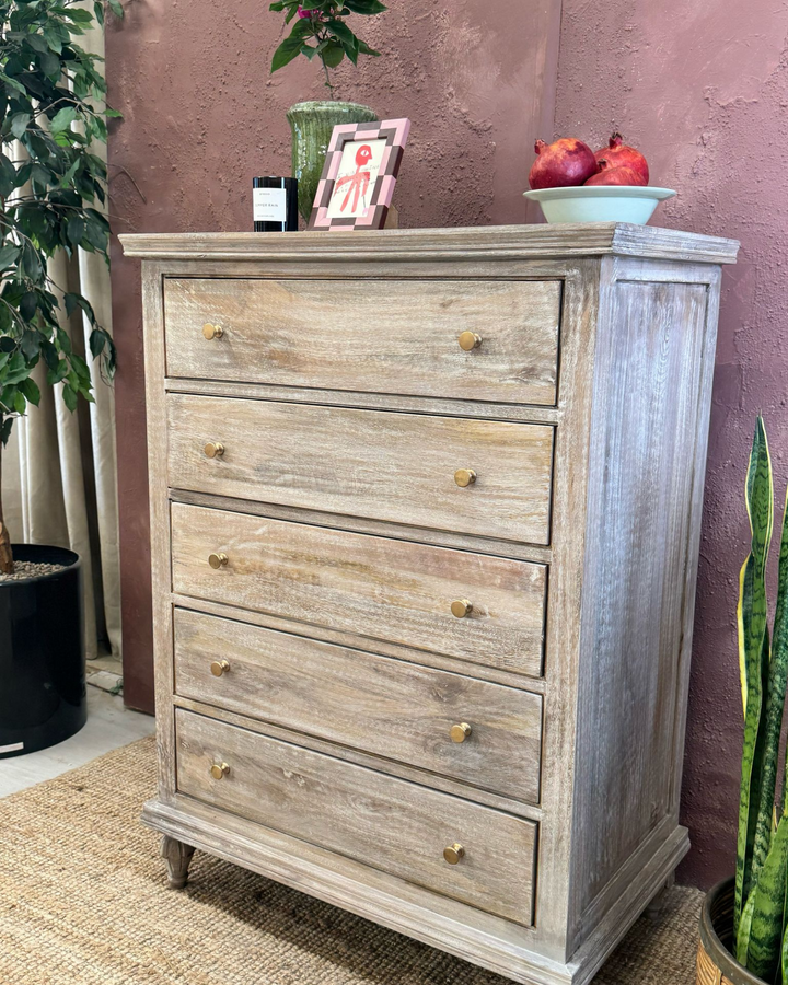 Mango Wood 5-Drawer Chest / Tallboy – Natural with Whitewashed Finish