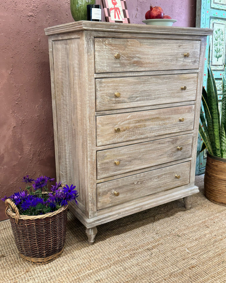 Mango Wood 5-Drawer Chest / Tallboy – Natural with Whitewashed Finish