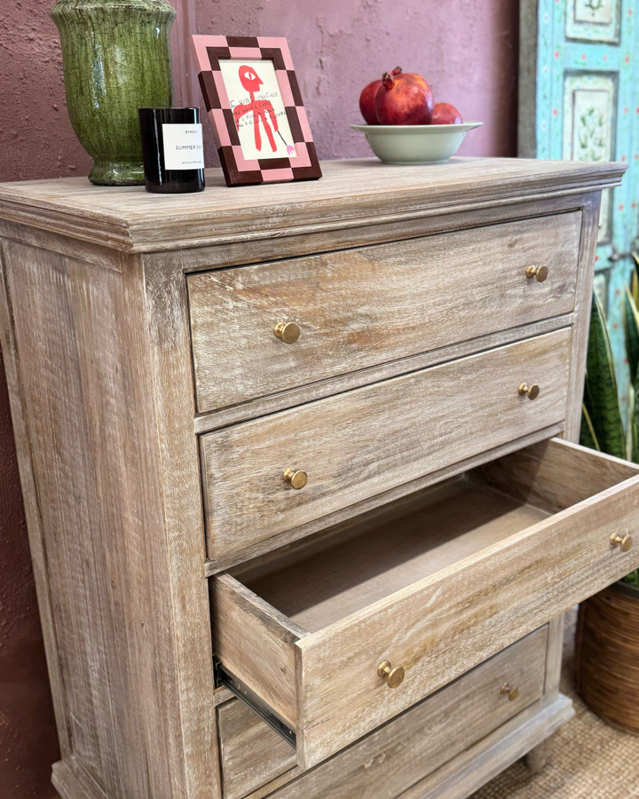Mango Wood 5-Drawer Chest / Tallboy – Natural with Whitewashed Finish