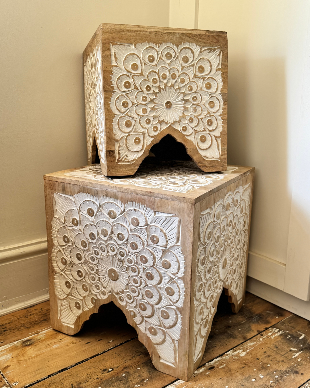 Set of 2 Hand-Carved Mango Wood Stools – Mandala Floral Design, Whitewashed Finish