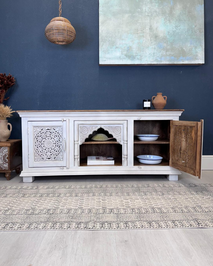 Hand Carved Mango Wood TV Console Table Unit (KHTV09WN)
