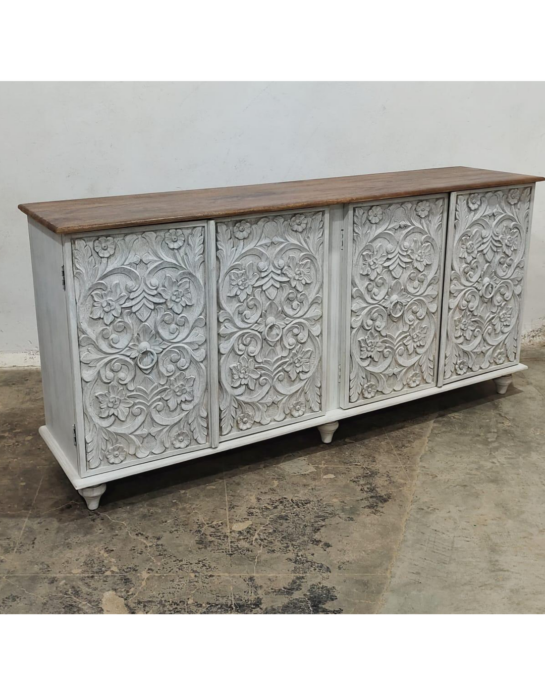 Intricately Hand Carved Mango Wood Four Door Sideboard