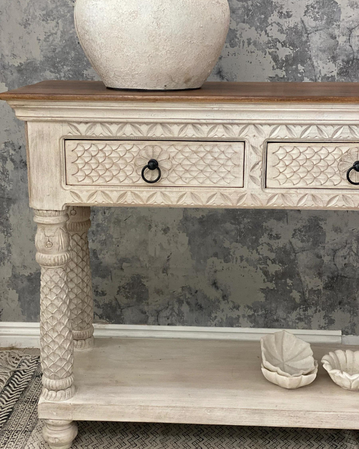 Hand Carved 3 Drawer Mango Wood Console Table