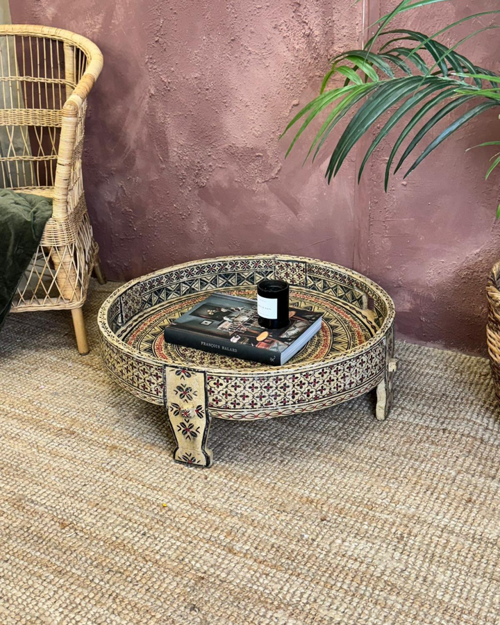 Vintage Indian Painted Grinder Chakki Coffee Table – Reclaimed & Hand-Painted