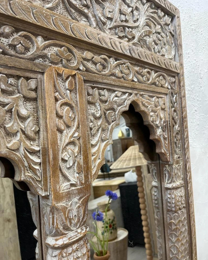Hand-Carved Mango Wood Mirror – 3 Arch Indian Design