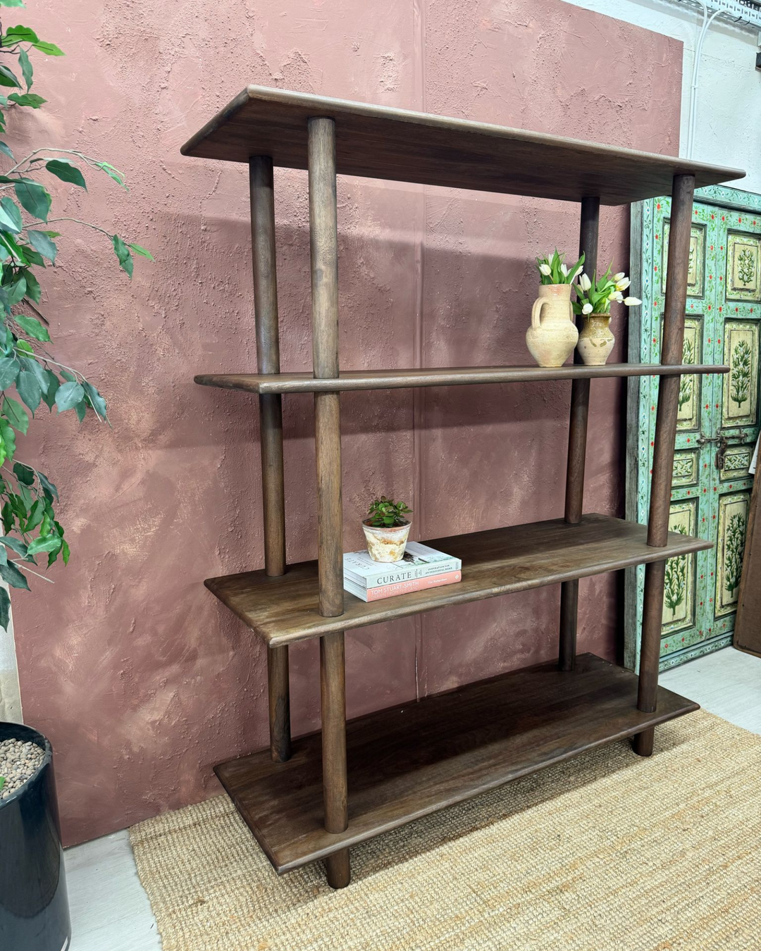 Mango Wood Bookcase with 4 Shelves – Dark Finish