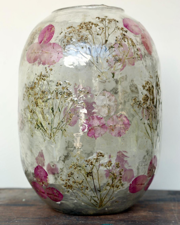 Large Pressed Flower Glass Vase – Jaipur-Inspired Mosaic with Dried Botanicals (31cm)