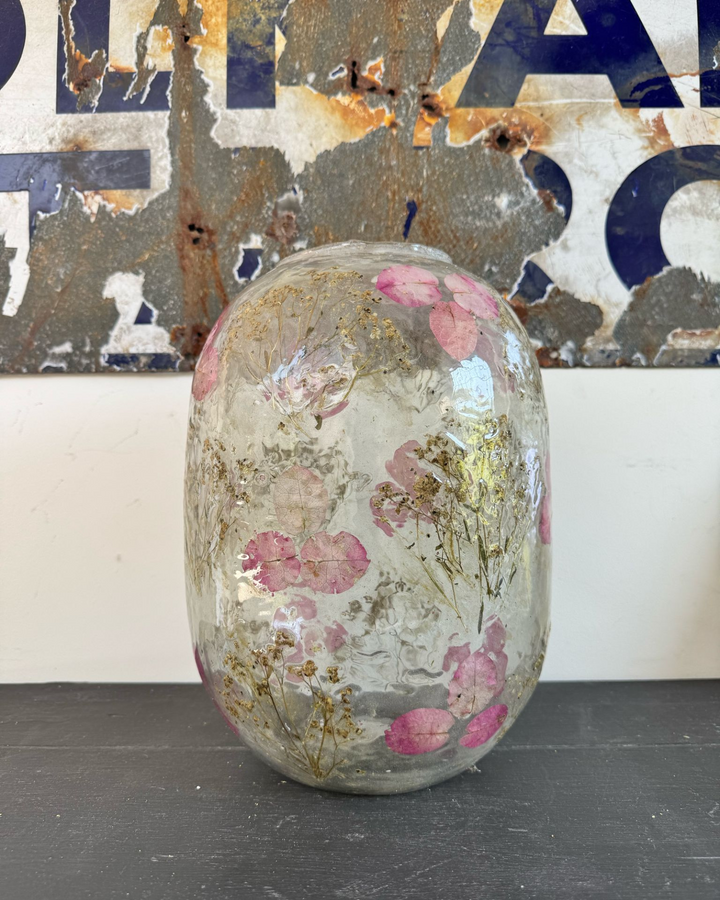 Large Pressed Flower Glass Vase – Jaipur-Inspired Mosaic with Dried Botanicals (31cm)