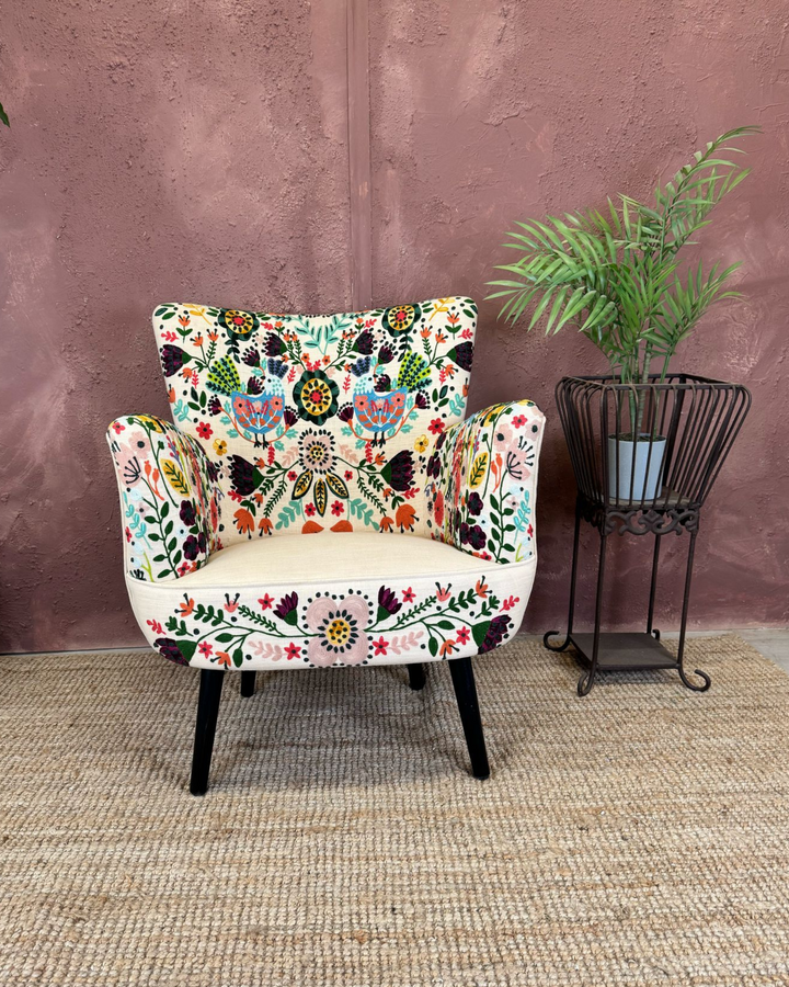 Hand-Embroidered Cotton Wingback Armchair