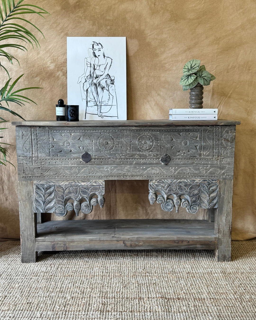 Vintage Hand-Carved Teak Console Table – Dark Sunbleached Finish