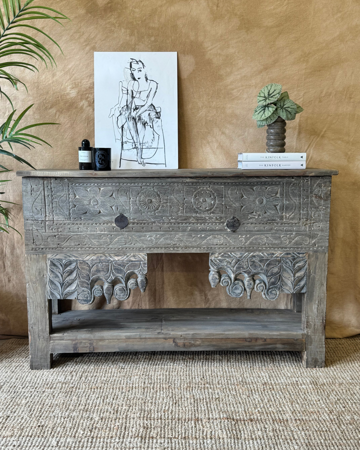 Vintage Hand-Carved Teak Console Table – Dark Sunbleached Finish