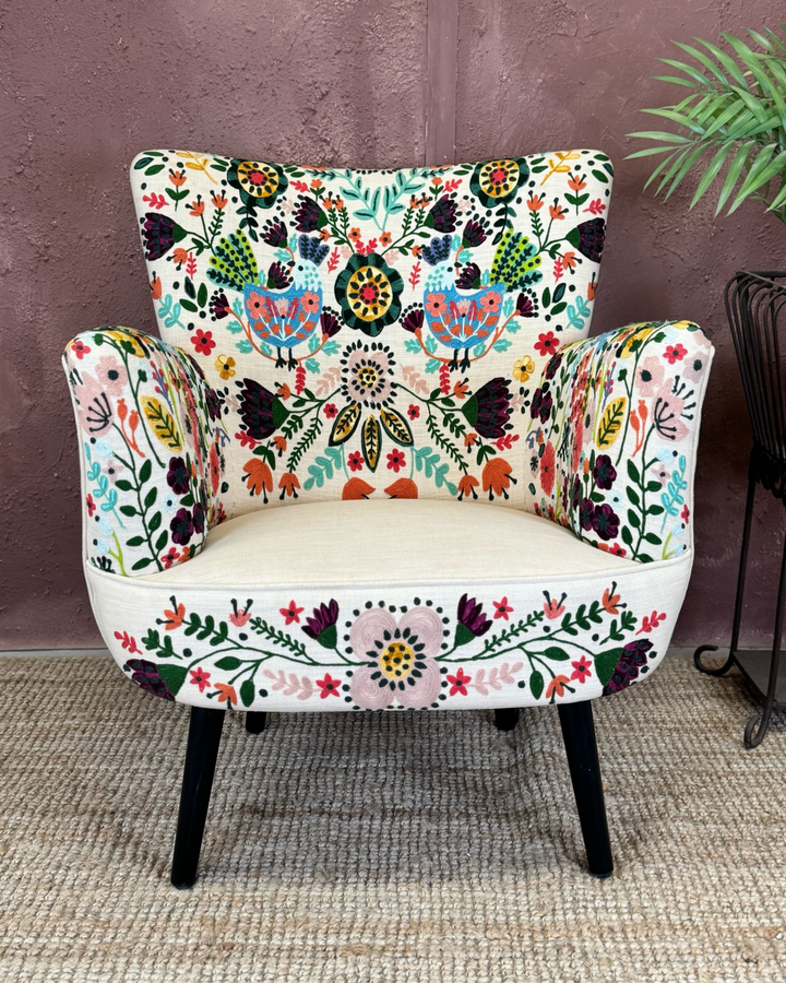 Hand-Embroidered Cotton Wingback Armchair