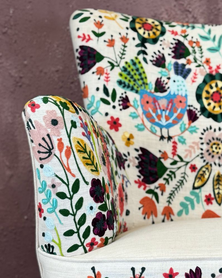 Hand-Embroidered Cotton Wingback Armchair
