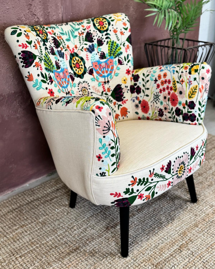 Hand-Embroidered Cotton Wingback Armchair