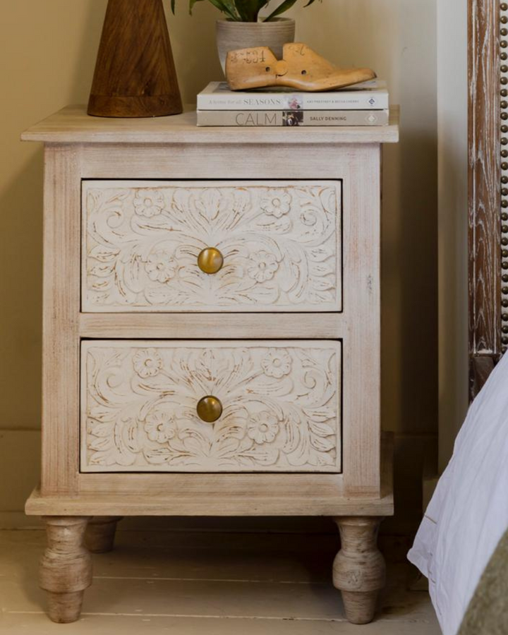 Pair of Hand-Carved Mango Wood Bedside Tables - Whitewashed Finish