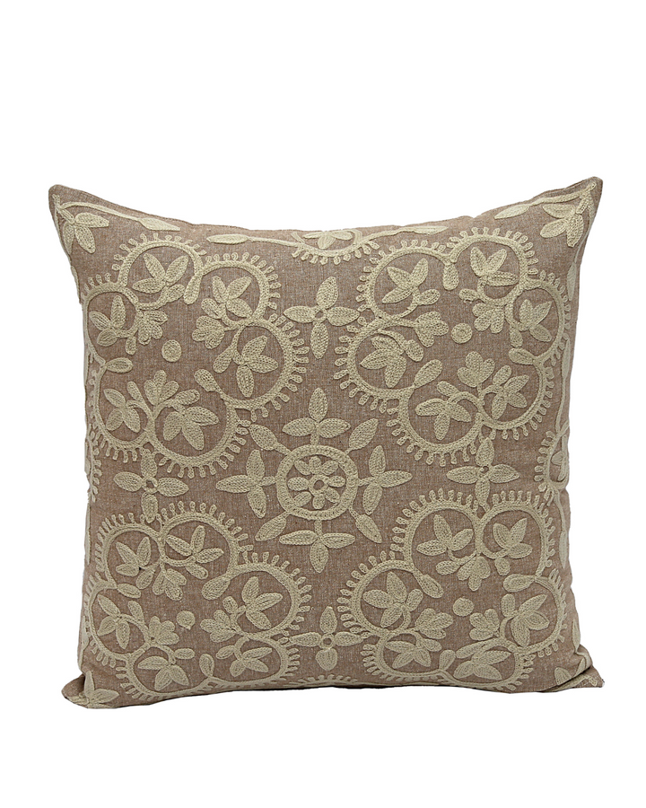Hand-Embroidered Cushion Cover – Natural Cotton-Linen, Cream Floral Pattern (45x45cm)