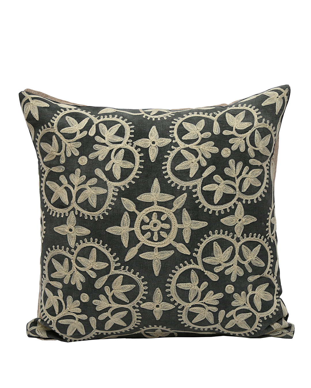Hand-Embroidered Cushion Cover – Charcoal Cotton-Linen, Cream Floral Design (45x45cm)