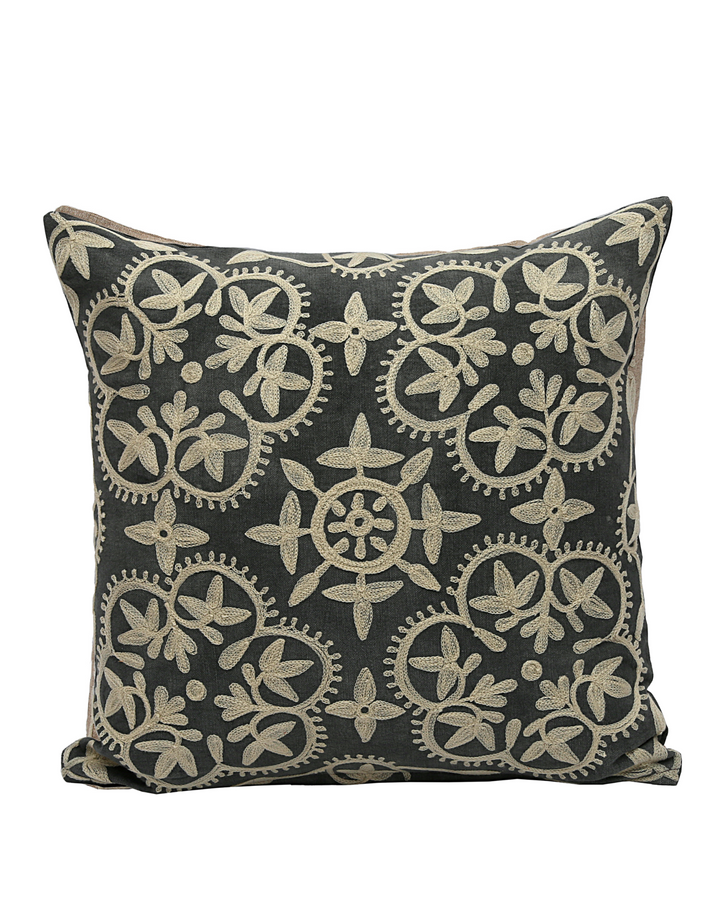 Hand-Embroidered Cushion Cover – Charcoal Cotton-Linen, Cream Floral Design (45x45cm)