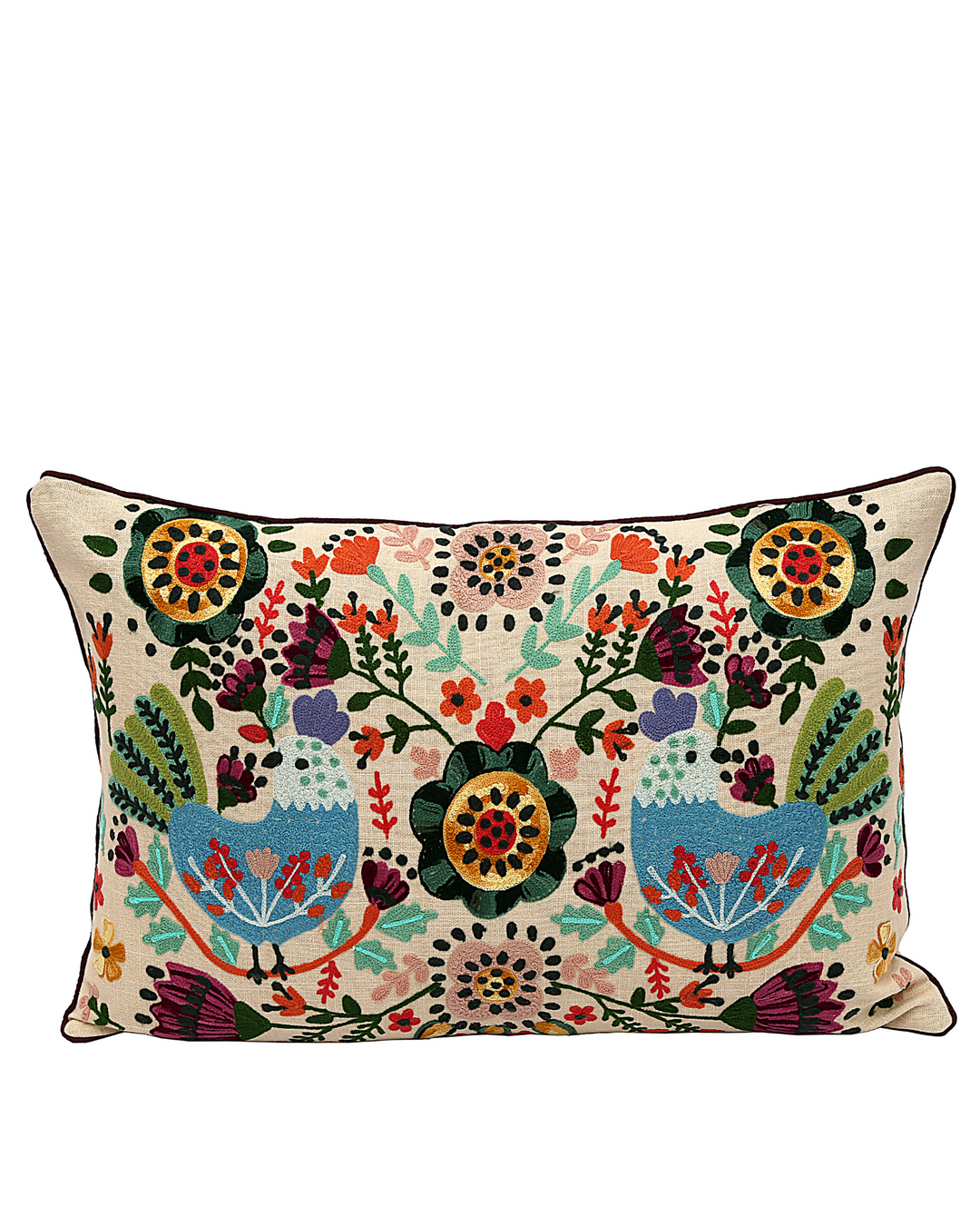 Embroidered Cushion Cover – Cream Cotton-Linen with Folk-Inspired Bird & Floral Motif (40x60cm)