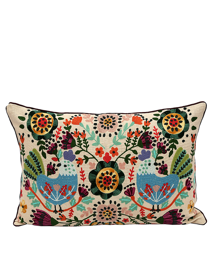 Embroidered Cushion Cover – Cream Cotton-Linen with Folk-Inspired Bird & Floral Motif (40x60cm)