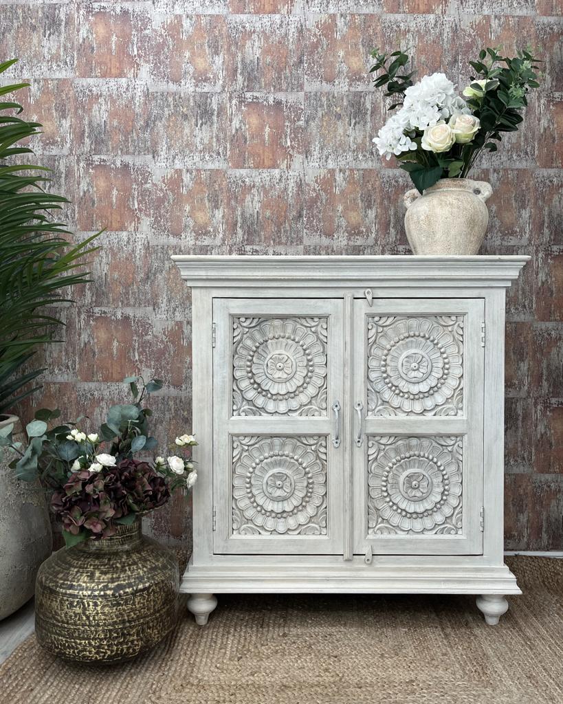 Hand Carved Whitewashed Mango Wood Sideboard