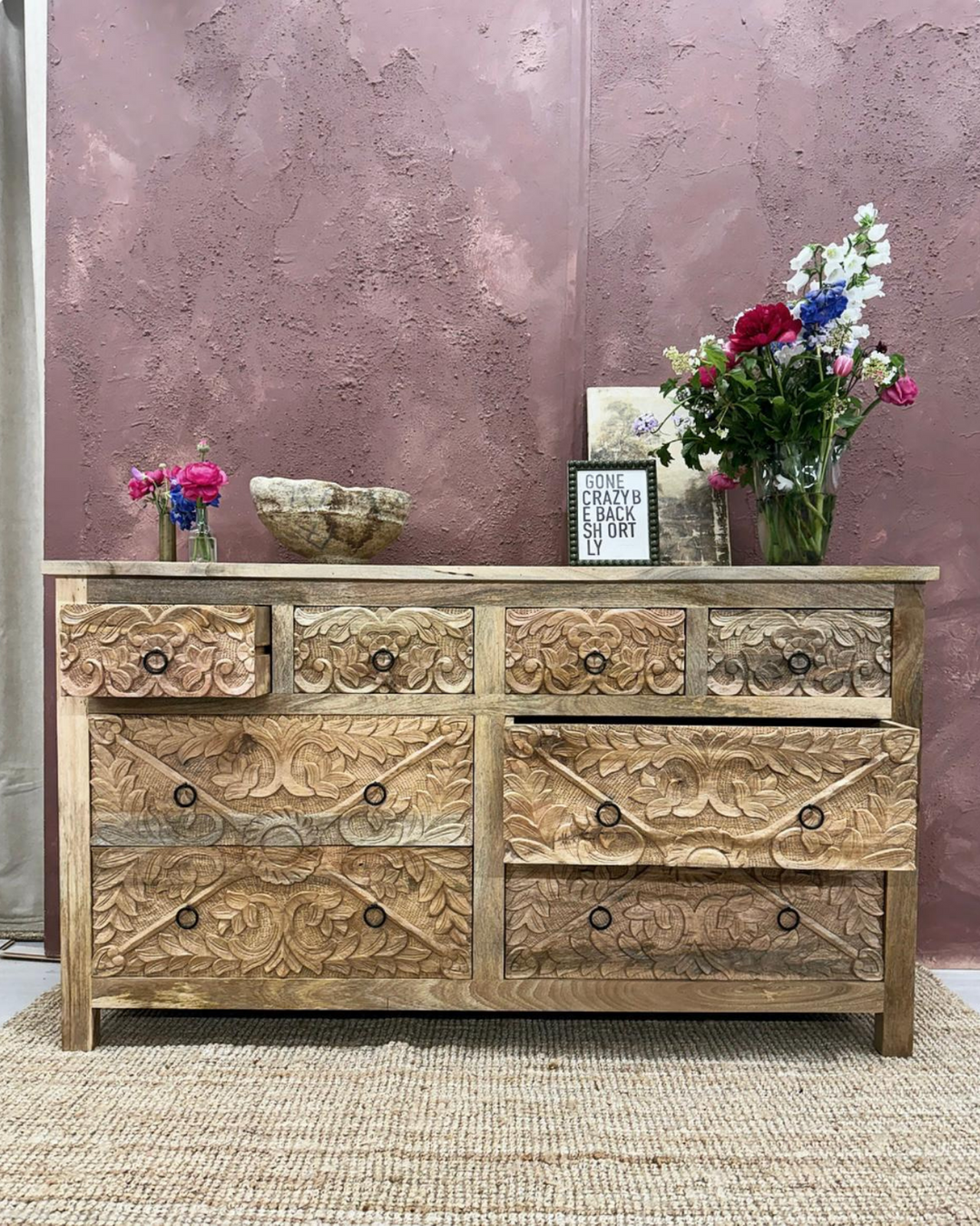 Hand-Carved Mango Wood 8 Drawer Chest of Drawers