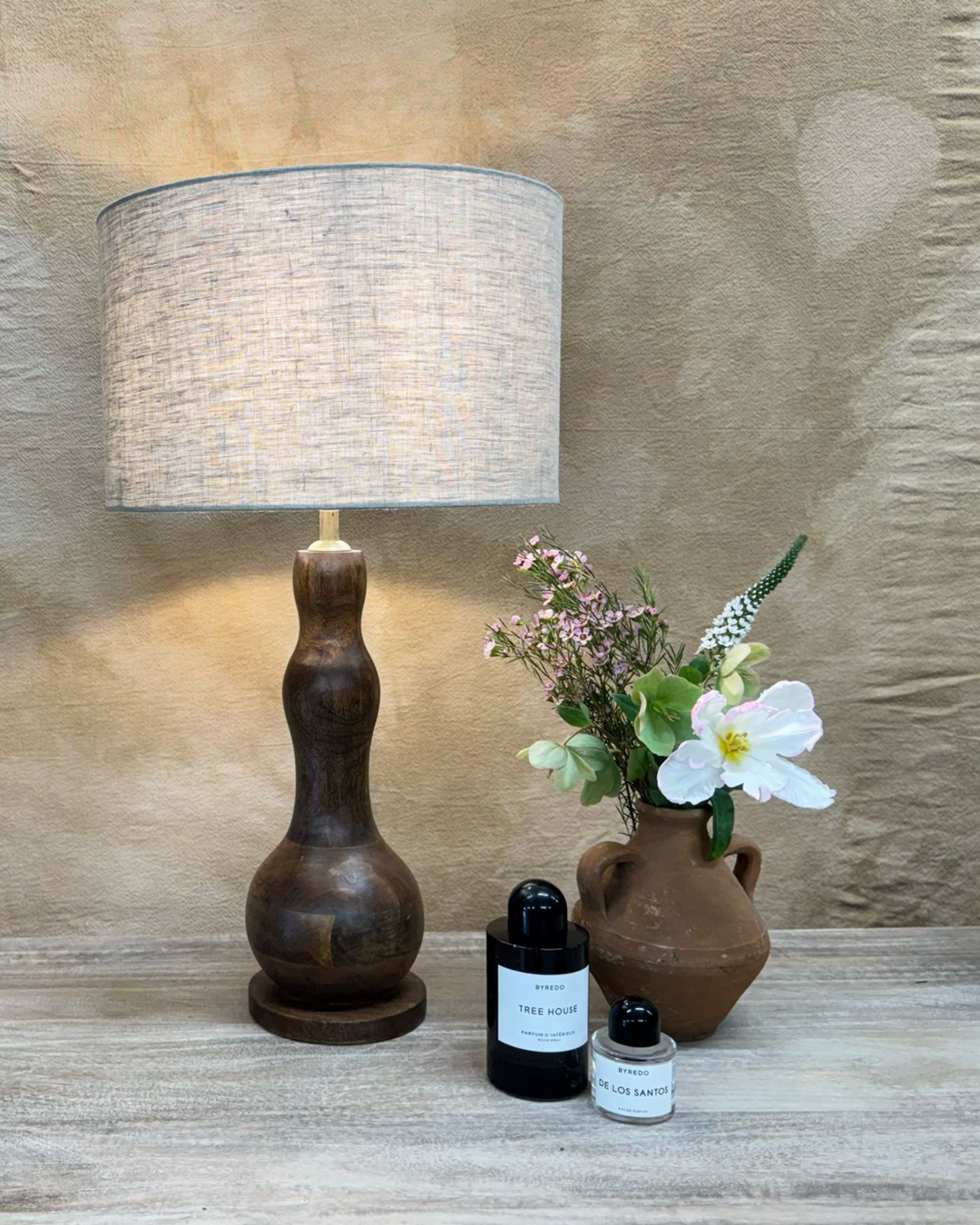 Mango Wood Table Lamp – Curved Form with Linen Shade