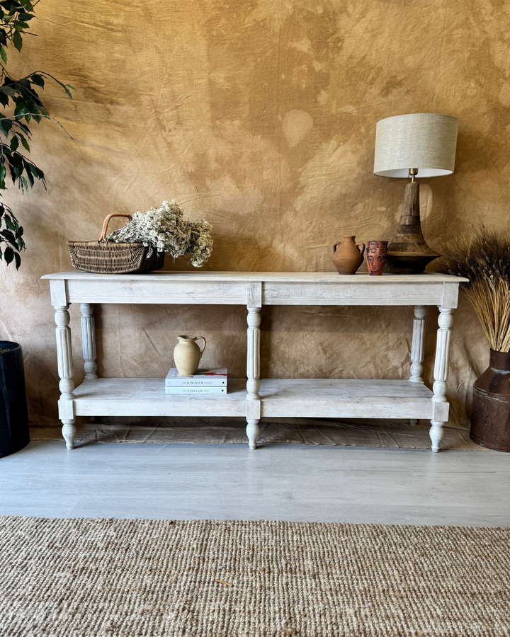 Long Mango Wood Hand-Carved Console Table with Shelf – Creamwash Finish