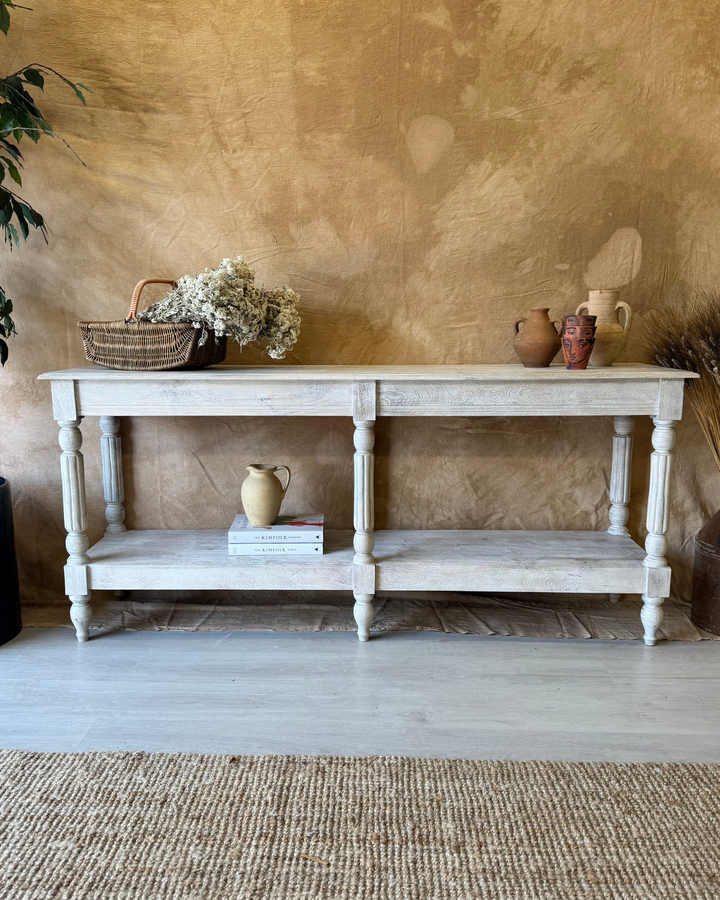 Long Mango Wood Hand-Carved Console Table with Shelf – Creamwash Finish