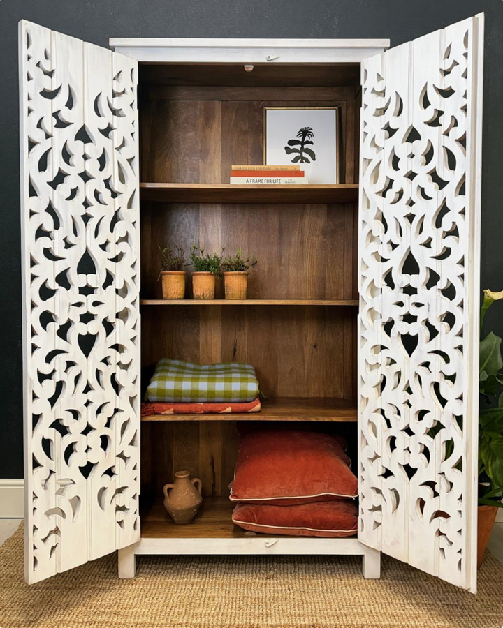 Hand Carved Mango Wood Armoire/Cabinet with Intricate Indian Design