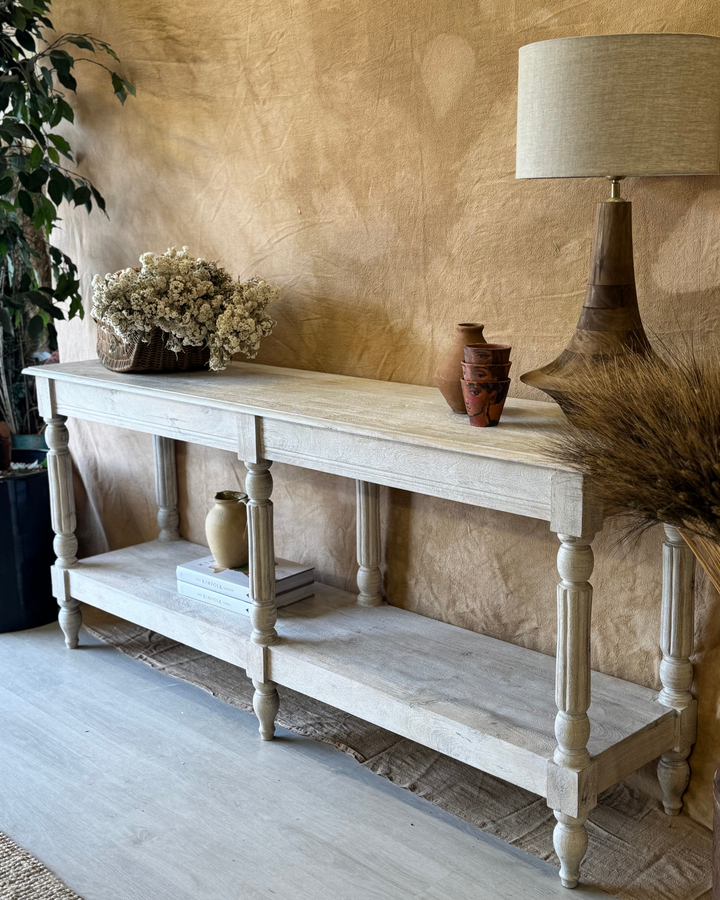Long Mango Wood Hand-Carved Console Table with Shelf – Creamwash Finish