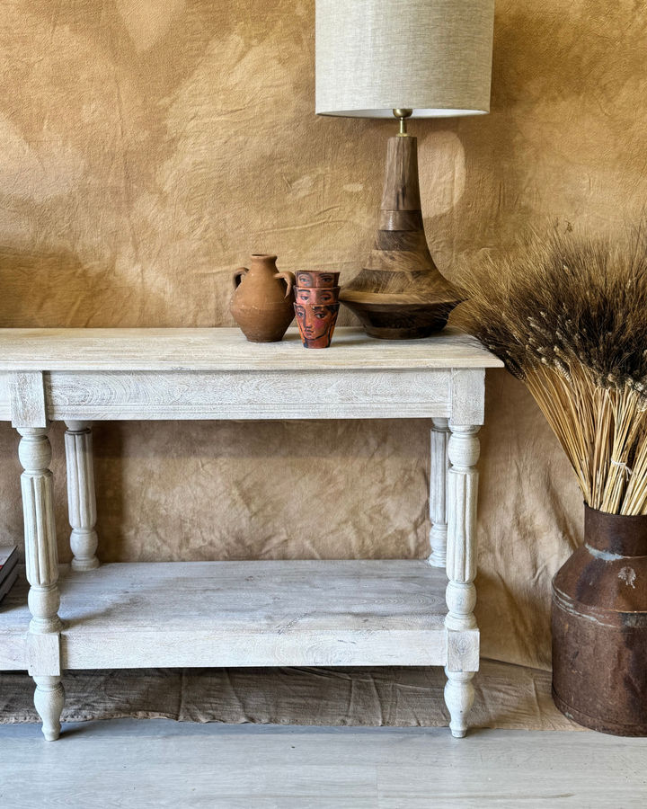 Long Mango Wood Hand-Carved Console Table with Shelf – Creamwash Finish
