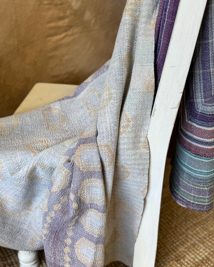 Vintage Hand-Embroidered Kantha Throw – Indigo & Ochre Motif Sari Quilt