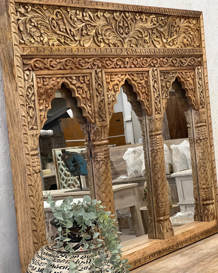 Hand-Carved Mango Wood Mirror – 3 Arch Indian Design