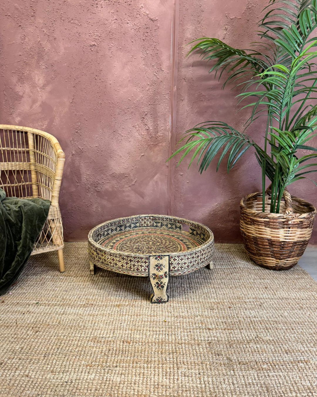 Vintage Indian Painted Grinder Chakki Coffee Table – Reclaimed & Hand-Painted