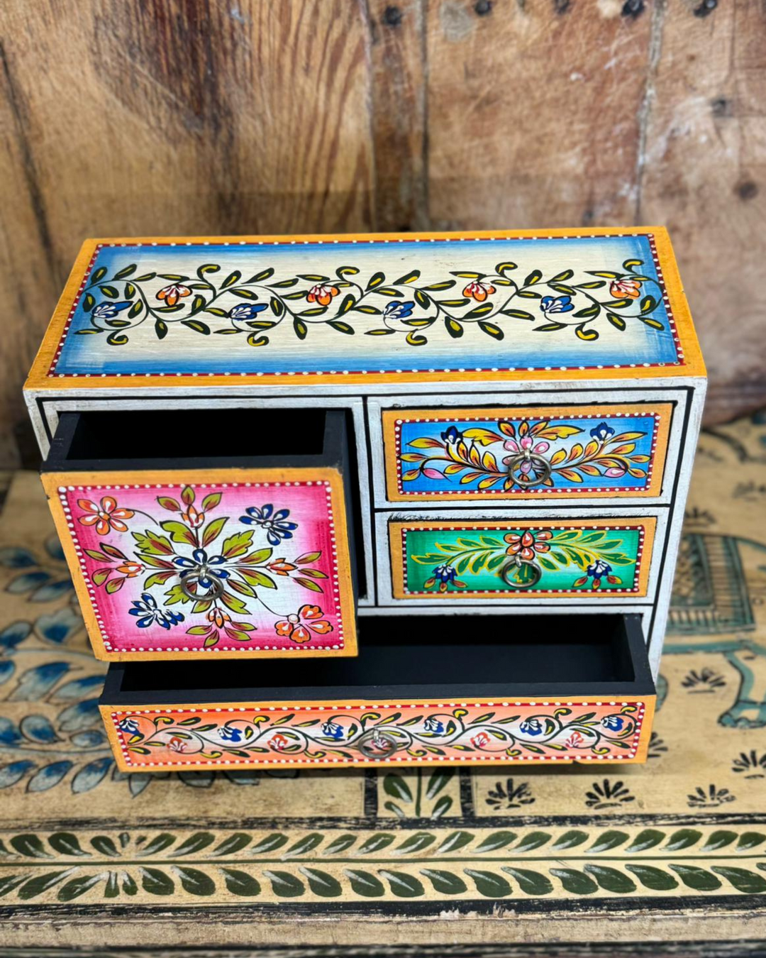 Hand-Painted Indian Mini Chest of Drawers with Floral Design