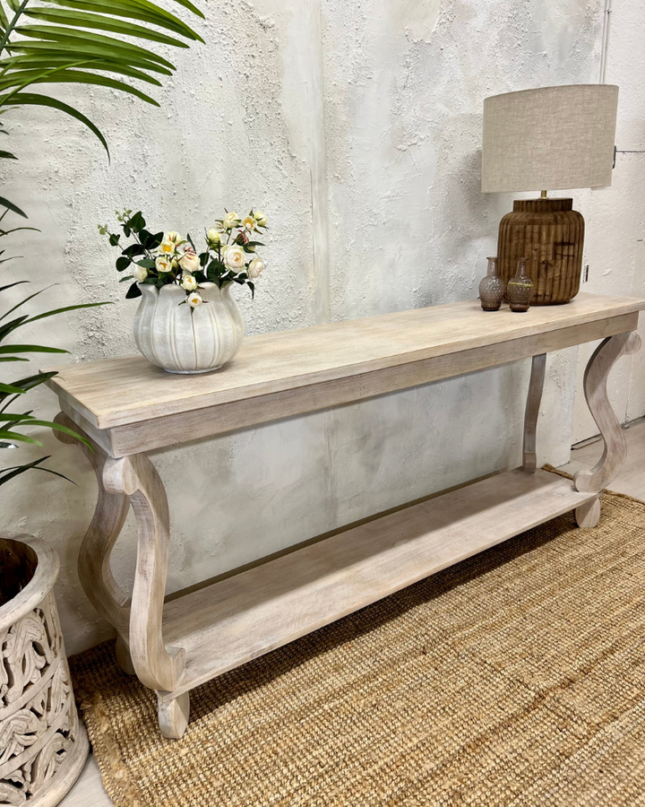 Hand-Carved Cream Mango Wood Console Table