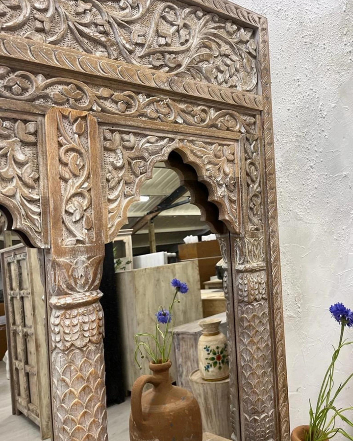 Hand-Carved Mango Wood Mirror – 3 Arch Indian Design