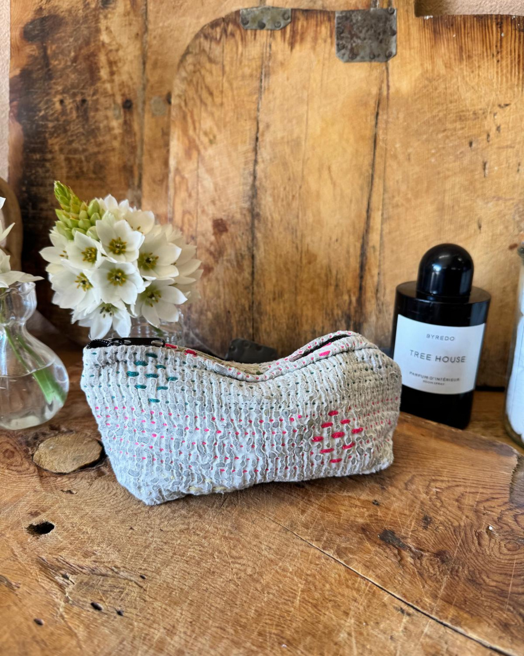 Small Wash Bag – Stone Grey with Jewel-Tone Threads