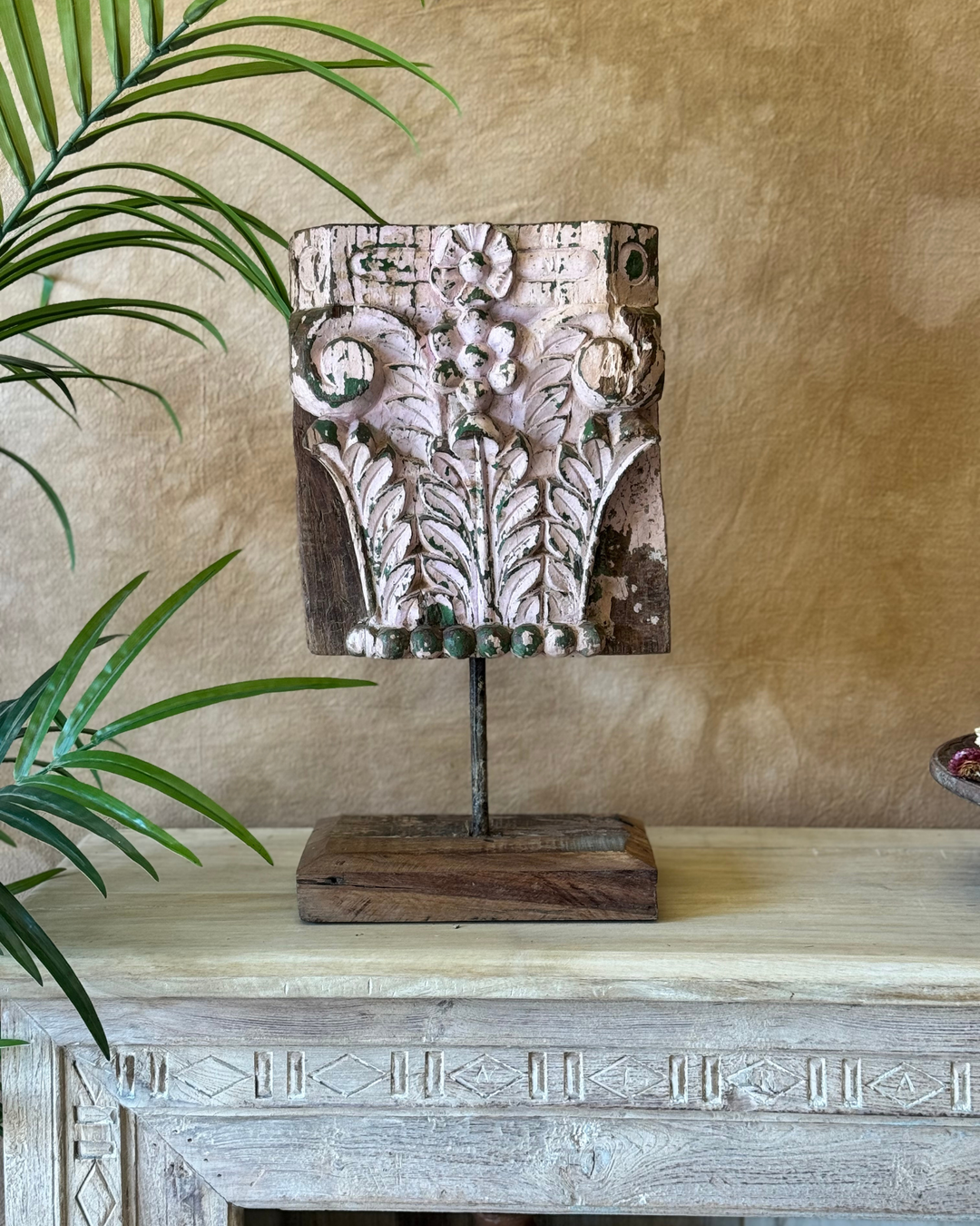 Decorative Reclaimed Teak Bracket on Stand – Blush & Green Carving