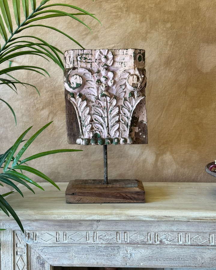 Decorative Reclaimed Teak Bracket on Stand – Blush & Green Carving